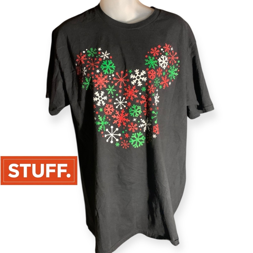 Black Mickey Mouse T-Shirt with Festive Snowflake Design (item#10187)